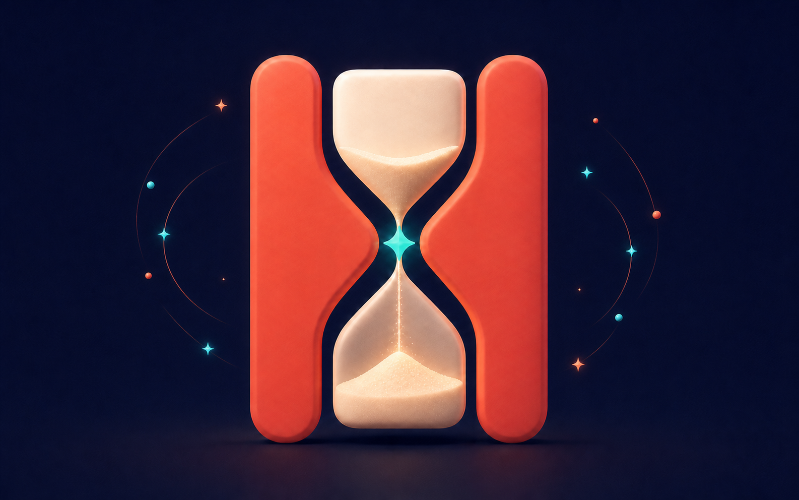 A centered hourglass set within a coral X-shaped tally mark, glowing with cream sand and an aqua spark.